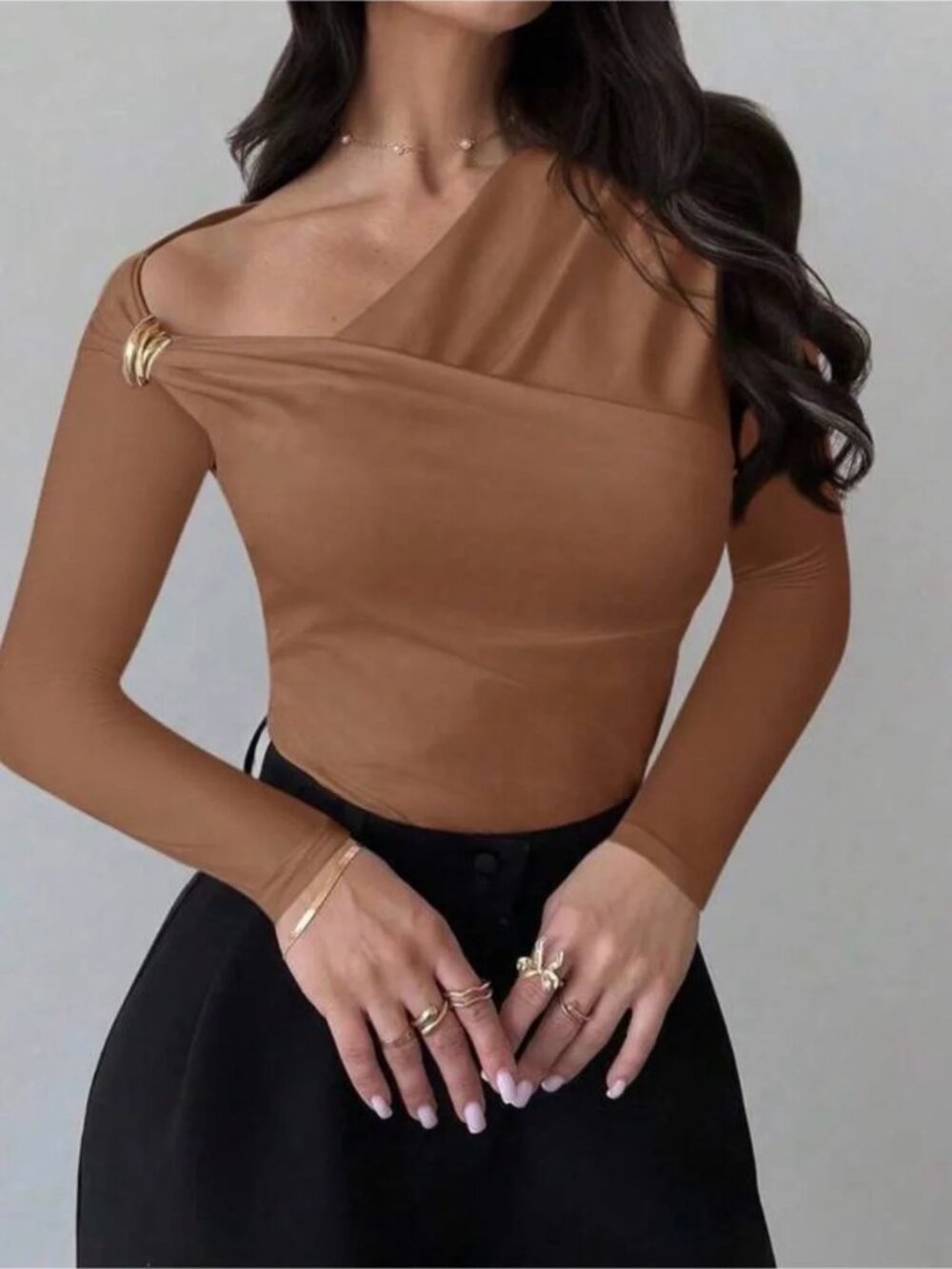 Camel One Shoulder Long Sleeve Top | Chic Gold Detail Blouse